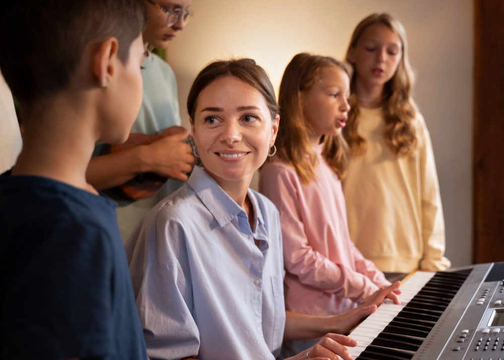 Crianças cantando em um coral escolar